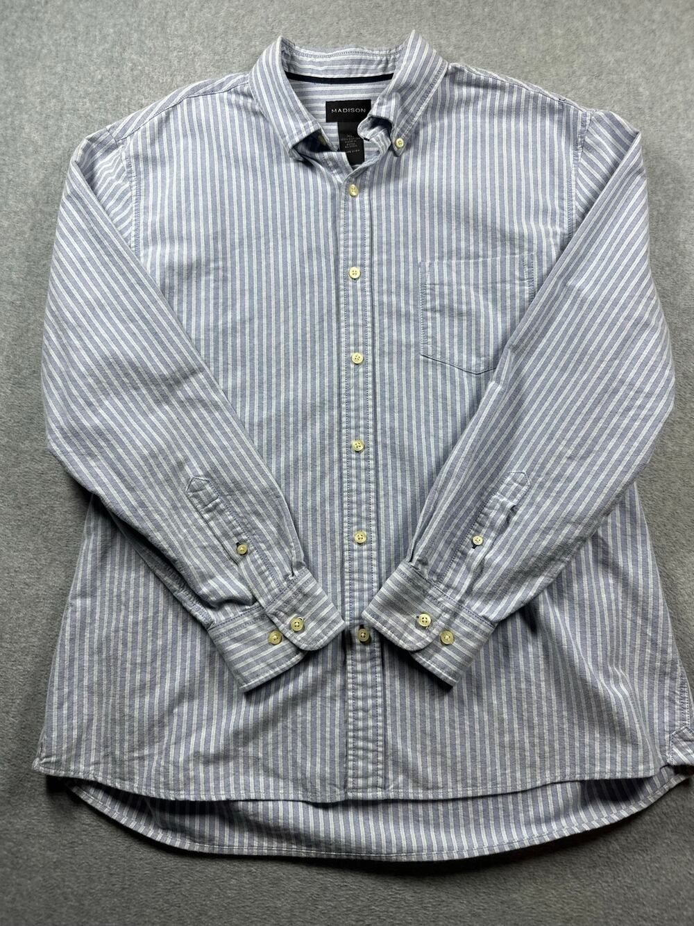 Madison Button Down Shirt Men's Size XL Blue White Striped Long Sleeve Pocket